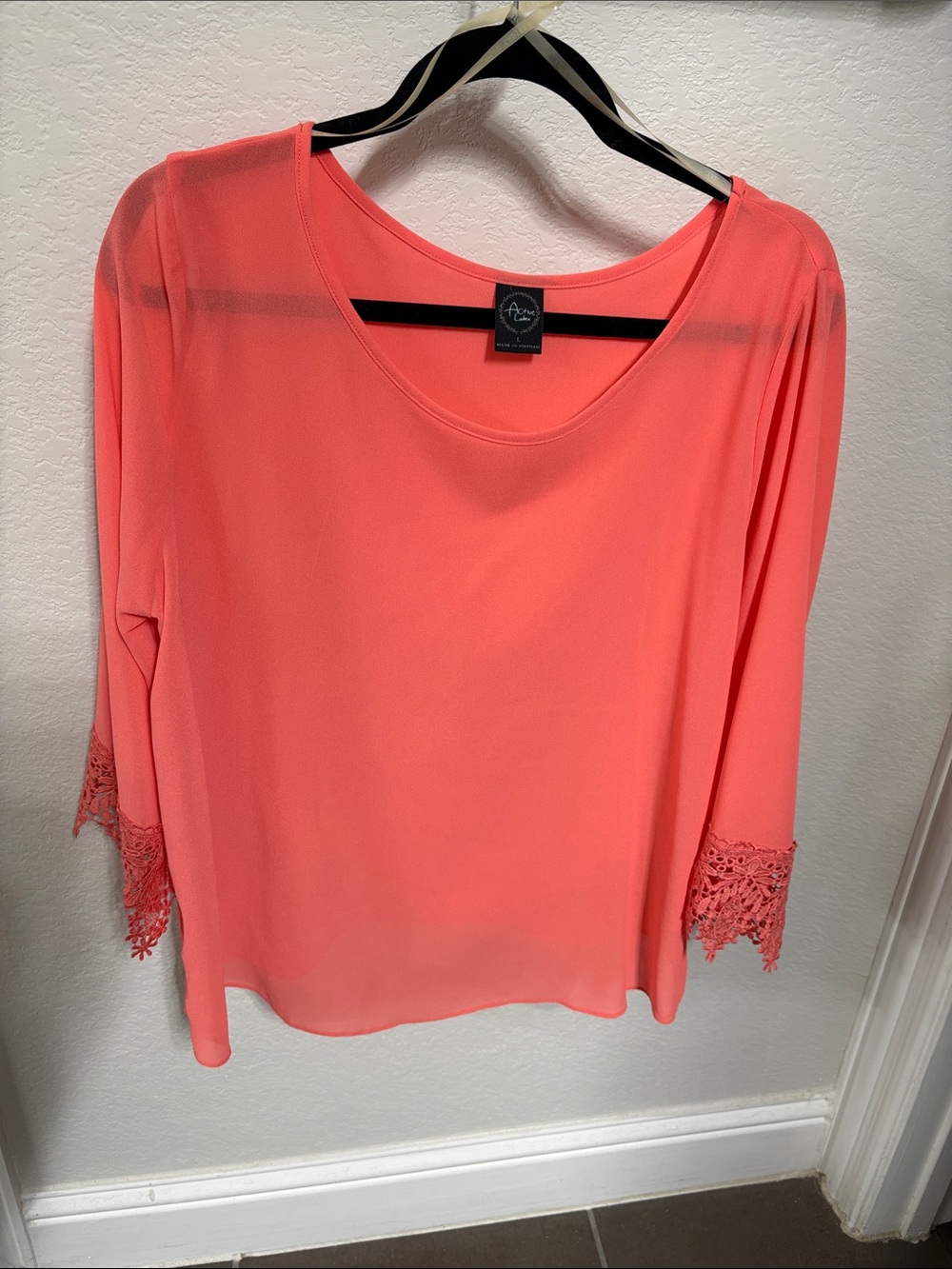 Coral Lace-Trim Scoop Neck Blouse